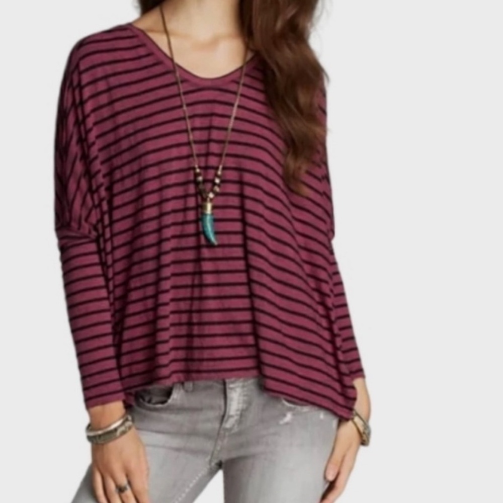 We The Free People Pandoras Striped Boxy Tee Shirt in Sunset Purple Combo